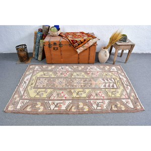 Turkish Vintage Rug, 3.8x6.1 ft Accent Rug, Brown <b>Yellow</b> Polka dot Rug - Product Image 3