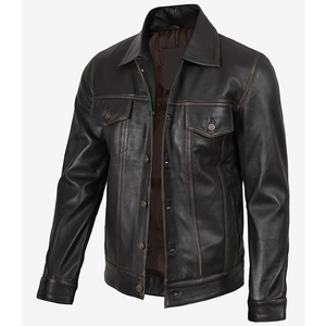 2026 OEM Most Trending Original Dark <b>Brown</b> Cowhide <b>Leather</b> <b>Jacket</b> For Men's Button Pockets High Quality Low MOQ Fashion <b>Jackets</b> - Product Image 3
