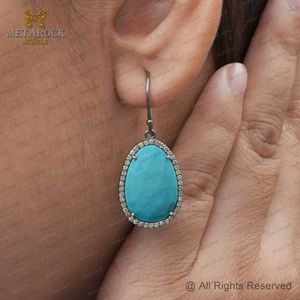 ต่างหูเพชรแท้ประดับพลอยเทอร์ควอยซ์เงินแท้ 925 ดีไซน์เก๋ แบบห้อย ขายส่ง - Product Image 5