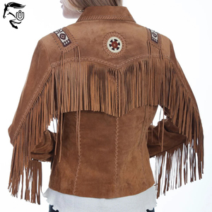 Veste universitaire en cuir suédé véritable pour femmes Cowgirl Style américain frangé décor occidental respirant tissé rayure Design solide - Product Image 4