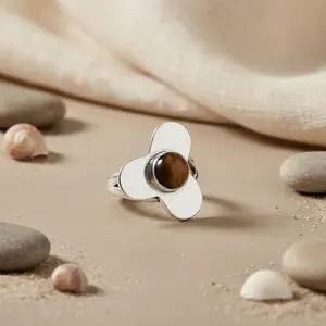 Bague en argent 925 avec œil de tigre et fleur pour femmes, bijoux élégants, cadeau - Product Image 1