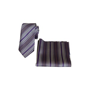 Ensemble cravate et mouchoir en microfibre satinée jacquard rayée violet beige marron imprimée, dans un coffret cadeau - Product Image 6