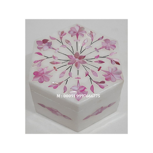 Caja de Joyería Hexagonal de Mármol Blanco con Incrustaciones de Nácar, Diseño Floral Hecho a Mano, Ideal para Acción de Gracias - Product Image 1