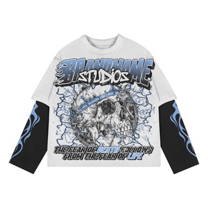 Áo thun chấ<span class=keywords><strong>t</strong></span> lượng cao hai lớp phong cách đường phố, in họa tiế<span class=keywords><strong>t</strong></span> lửa toàn thân, tay áo kiểu dáng Y2K, áo thun dài tay hai lớp - Product Image 2