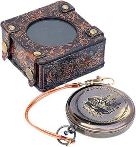 Classic Copper Pocket <b>Compass</b> with <b>Engraved</b> Leather Case | Vintage London Magnetic Navigation <b>Compass</b> Rectangle Design - Product Image 1