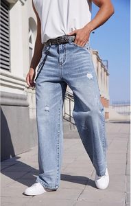 Baggy pour homme, pantalon droit, léger, mi-ample, jambe large, style hip hop, déchiré, décontracté, style streetwear - Product Image 2