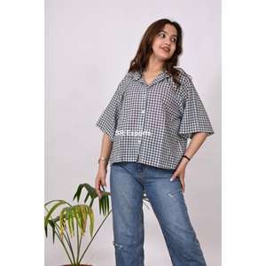 Femmes Designer coton lin Handloom Blouse motif à carreaux tenue de cérémonie pour le bureau saison d'été décontracté coupe ample bouton - Product Image 3