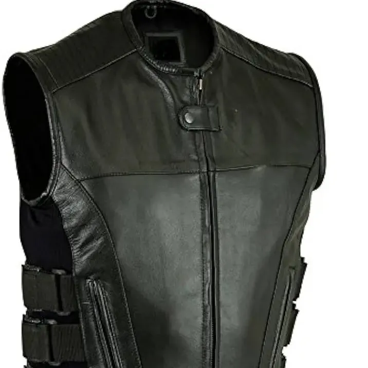 Heren Motorfiets Lederen Vest Zijkanten Gilet