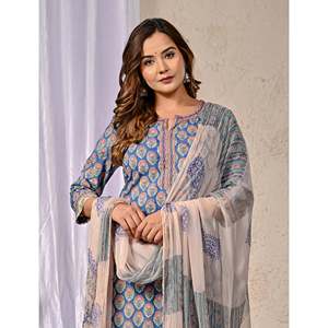 Conjunto de Kurta y Pantalón de Algodón con Estampado Blue Butta Block, Estilo Étnico Pakistaní-Indio, Ropa de Fiesta para Niñas, Bordado y Redecilla Cosida - Product Image 1