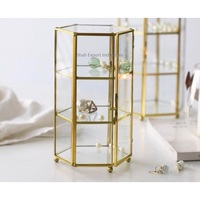 Vente chaude Hexagonal Boîte En Verre Bijoux Affichage Vitrine pour Comptoir Présentoir En Laiton Cadre Boîte De Rangement De Table