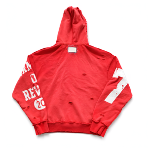 <b>Men</b>’s Distressed <b>Red</b> Pullover Hoodie with Embroidered Lettering, Raw Edge Details, Vintage Streetwear Style Top for <b>Men</b> Casual - Product Image 2