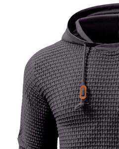 <b>Men</b> Dark Gray Textured Knitted <b>Hoodie</b> Pullover Long Sleeve Casual Sweatshirt Streetwear Winter Wear With Hood And Drawstring - Product Image 3