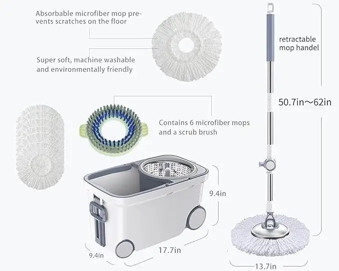 Secchio Deluxe 360 filatura pavimento sistema di pulitura mocio centrifuga con 6 ricariche di testa di ricambio in microfibra