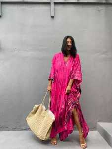 El más nuevo verano primavera Tie Dye Kaftan Maxi vestido con cuello en V media manga playa cubrir-Up tejido hasta el suelo vestido - Product Image 2