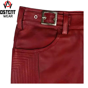 Vente en gros sur mesure de pantalons en cuir de dernier style pour hommes pantalons en cuir à la mode pour hommes pantalon en cuir à taille haute véritable pantalon de couleur rouge - Product Image 4