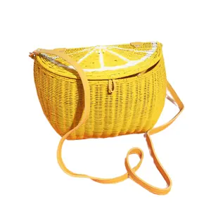 שעון קיץ קש נצרים לימון ילקוט אופנה לנשים תיק יד לחופשת הקיץ תיק לימון צהוב בעבודת יד