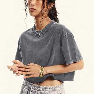 Camiseta de punto de gran tamaño vintage con efecto de piedra lavada con ácido, estilo de ombligo, textura desgastada, logotipo de moda callejera - Product Image 3