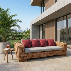 Natural Chunky Rattan Woven Outdoor 3 Seater Sofa Grey Cushion <b>Red</b> <b>Throw</b> Pillows Patio Daybed Decor Pure Room Art Design - Product Image 4