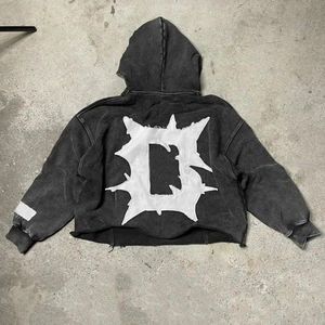 Sudadera con capucha para hombre, 100% algodón mezclado, con lavado ácido, efecto desgastado, bordado, cremallera, tejido polar, corte holgado, para invierno, servicio OEM, con bolsillo - Product Image 2