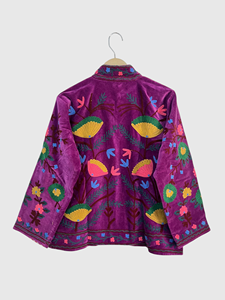 Veste en velours violet brodée de fleurs, col mandarin, manches longues, broderie à la main, vêtements d'automne pour femmes - Product Image 2