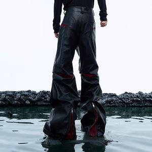 2024 Patchwork Casual pantalones masculinos nicho deconstrucción PU pantalones de cuero contraste empalme suelto pierna recta lona - Product Image 2