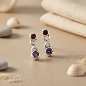 "925 Silver Fashion Garnet & Amethyst Drop <b>Earrings</b> for Women" - Product Image 1