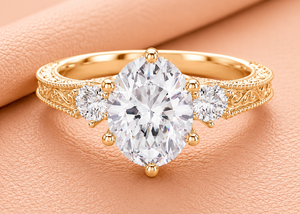 Bague de fiançailles en or jaune avec diamant ovale de laboratoire et diamants latéraux, bijoux de mariée classiques pour femme, certifiée IGI VVS1-VVS2 - Product Image 3