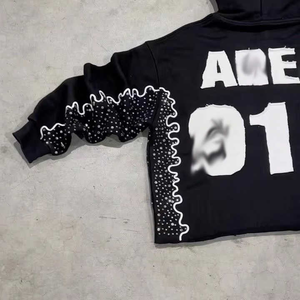 Personalizado crudo dobladillo recortado parche bordado rhinestone hombres alta calidad elegante Sudadera con capucha 100% algodón streetwear hombres Sudadera con capucha 2025 - Product Image 4