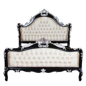 Cadre de lit en bois massif d'acajou européen de l'ère baroque, durable, sculpté à la main, personnalisable, avec du velours noir et des finitions argentées - Product Image 2