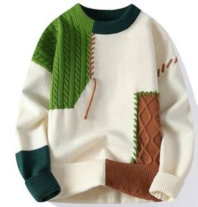 Autumn and Winter Men's Casual Base <b>Sweater</b> Popular <b>Loose</b> Japanese-style Patchwork Pattern Men's <b>Knitted</b> Pullover <b>Sweater</b> - Product Image 1