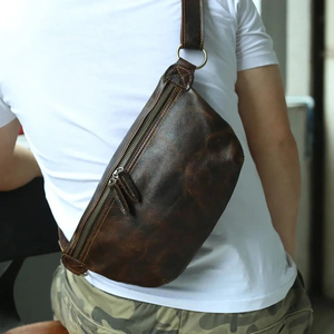 Sac de poitrine vintage en cuir véritable avec fermeture éclair, sac à bandoulière durable pour homme, toutes saisons, usage quotidien - Product Image 2