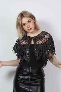 เสื้อคลุมทรงเบอร์เลสก์ประดับด้วยลูกปัดเลื่อมทรงตรงเงาสวยงามสำหรับงานเทศกาลในคลับ - Product Image 5