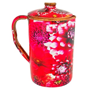 Jarra negra con estampado de vid floral. Esta hermosa y única jarra de agua de diseño impreso está hecha de cobre puro a precio de descuento - Product Image 4