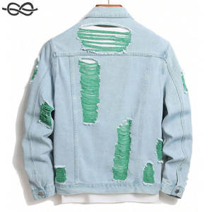 Mens Spring and Autumn Loose Fit Casual <b>Long</b> Sleeve <b>Denim</b> <b>Jacket</b> with Ripped Design Flap Pockets and Vintage Distressing - Product Image 4