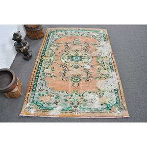 Alfombra de área con respaldo de látex de lana turca Vintage 4,1X5,9 pies naranja verde diseño de retazos para decoraciones de sala de estar - Product Image 1