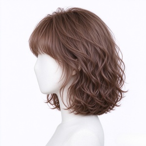 Milk Tea Brown <b>Short</b> Wavy Bob <b>Human</b> <b>Hair</b> <b>Wig</b> With Thin Air Bangs - Product Image 3
