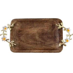 Plateau de service en bois de manguier brun antique poignées en laiton bol de nouilles de restauration rapide équipement de cuisine pour la restauration florale personnalisable - Product Image 3