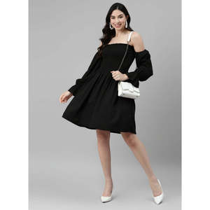 Vestido de Fiesta Elegante Deebaco para Mujer, Color Bronceado, Largo por Encima de la Rodilla, Hombros Descubiertos, Corte en A, Cintura Imperio, Manga Larga, Sólido, de Rayón Lavable - Product Image 6