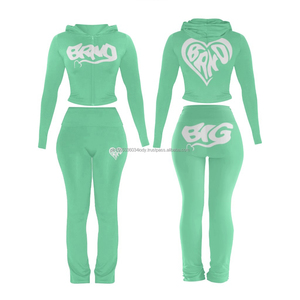 Conjunto Deportivo Casual de 2 Piezas para Mujer: Chaqueta Corta con Capucha y Pantalones Ajustados con Cordón, Chándal Básico de Corte Ajustado y Sólido - Product Image 1