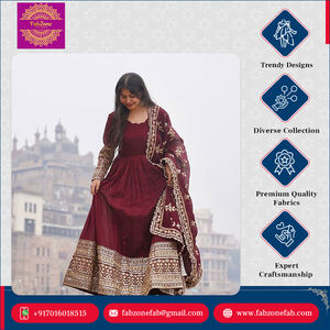 Vestido Anarkali de lujo en color rojo, estilo indio, tradicional, completamente cosido, de georgette sintética pesada, con dupatta, conjunto para mujer, para boda. - Product Image 5