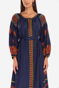 Ukrainian Long Sleeves <b>Ethnic</b> Embroidered High Quality Fabric Linen Ukraine Long <b>Dresses</b> with Belt - Product Image 4