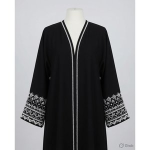 Kaftan traditionnel à col ouvert avec poignets cloche brodés contrastés |   Robe musulmane fluide à manches longues et col en V pour femmes, pour un usage quotidien - Product Image 1