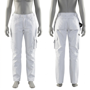 Pantalon de travail pour femme en coton durable 290 GSM, blanc, avec poche latérale, logo tissé, confortable, pantalon cargo de travail - Product Image 1
