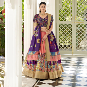 Premium Dola Silk Lehenga Choli con estampado de Kalamkari Dupatta tejido borde elegante indio étnico desgaste para boda y festivo - Product Image 1