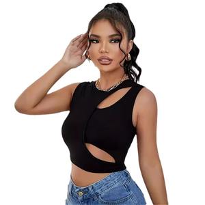 Femmes été Sexy Crochet débardeur col creux sans manches conception imprimé rue gilet tricoté haut court avant Logo en gros - Product Image 5