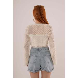 Lustrin Women's Cream Open Front Lace-Knit Crop <b>Cardigan</b> <b>Sweater</b> with Tie-Front Detail, Stylish Short Length Knitwear Top - Product Image 6