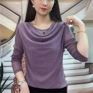 Hauts plissés décontractés à manches longues pour femmes, couleur unie, t-shirts fins avec bas en fil de maille, vêtements de bureau ajustés, pour l'automne et le printemps - Product Image 1