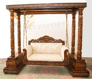 Jhula de teca pulida antigua con pilares de diseñador Columpio de madera de teca real con pilares tallados Jhula de teca artesanal con diseñador - Product Image 5