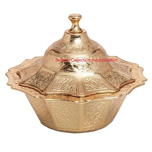 Gold Plated Ottoman Style Metal Serving <b>Bowl</b> With Lid For Dates Candy And <b>Sugar</b> Embossed Design Decorative Dish For Home Decor - Product Image 1