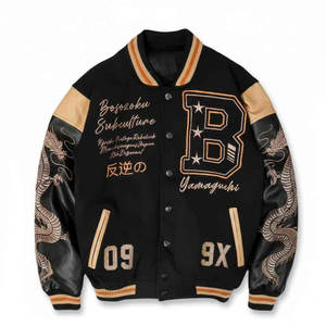 แจ็คเก็ตบอมเบอร์สไตล์สตรีทแวร์ พร้อมป้ายมังกรแบบสั่งทำพิเศษและแขนหนังสีทอง - Product Image 1